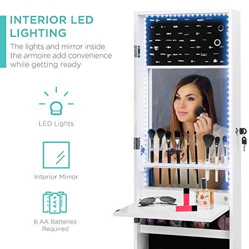 Best Choice Products Full Length Hanging Mirror Jewelry Armoire Cabinet, Makeup Storage Organizer, Wall Mounted, w/Interior Mirror, LED Lights, Lock, Cosmetics Tray, Brush Holders, 4 Shelves