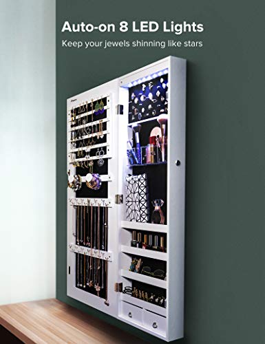 Nicetree 8 LEDs Mirror Jewelry Cabinet, Jewelry Armoire Organizer with Full Screen Mirror, Wall/Door Mounted, Full Length Mirror (White)