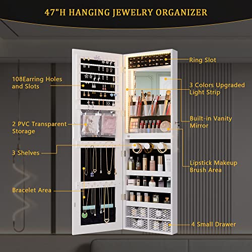 HNEBC 47.2''H Jewelry Organizer Wall Mounted with 3 Colors LED, Jewelry Cabinet Armoire with Door Mirror, Door Hanging Full Length Mirror with Storage, Built-in Vanity Mirror&Large Capacity (White)