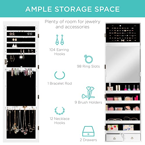Best Choice Products Full Length Hanging Mirror Jewelry Armoire Cabinet, Makeup Storage Organizer, Wall Mounted, w/Interior Mirror, LED Lights, Lock, Cosmetics Tray, Brush Holders, 4 Shelves