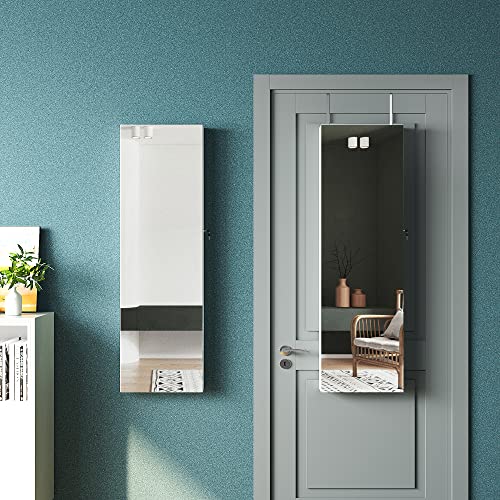HNEBC 47.2''H Jewelry Organizer Wall Mounted with 3 Colors LED, Jewelry Cabinet Armoire with Door Mirror, Door Hanging Full Length Mirror with Storage, Built-in Vanity Mirror&Large Capacity (White)