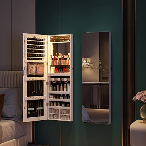 HNEBC 47.2''H Jewelry Organizer Wall Mounted with 3 Colors LED, Jewelry Cabinet Armoire with Door Mirror, Door Hanging Full Length Mirror with Storage, Built-in Vanity Mirror&Large Capacity (White)