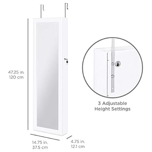 Best Choice Products Full Length Hanging Mirror Jewelry Armoire Cabinet, Makeup Storage Organizer, Wall Mounted, w/Interior Mirror, LED Lights, Lock, Cosmetics Tray, Brush Holders, 4 Shelves