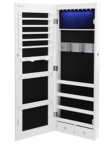 Nicetree 8 LEDs Mirror Jewelry Cabinet, Jewelry Armoire Organizer with Full Screen Mirror, Wall/Door Mounted, Full Length Mirror (White)