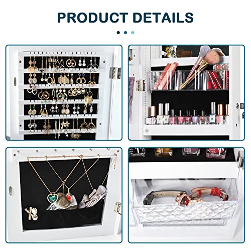 HNEBC 47.2''H Jewelry Organizer Wall Mounted with 3 Colors LED, Jewelry Cabinet Armoire with Door Mirror, Door Hanging Full Length Mirror with Storage, Built-in Vanity Mirror&Large Capacity (White)