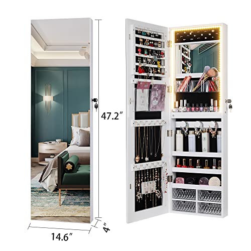 HNEBC 47.2''H Jewelry Organizer Wall Mounted with 3 Colors LED, Jewelry Cabinet Armoire with Door Mirror, Door Hanging Full Length Mirror with Storage, Built-in Vanity Mirror&Large Capacity (White)