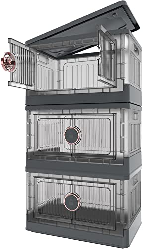 richang Closet Organizers and Storage Shelves, Trunk Organizer, Dorm Room Essentials,Folding Storage Box, Stackable Toy Storage Bins, Storage Box with Door and Wheels, Rotate-to-lock, 3-Pack,35L,Grey