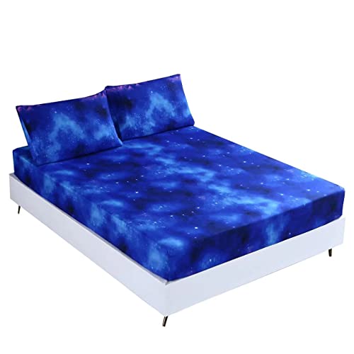SDIII 3Pcs Blue Galaxy Bedding Collection SheetTwin Size, Out Space Bedding Sheet with 1*Fitted Sheet and 2*Pillowcase for Boys, Girls and Kids (Blue, Twin)
