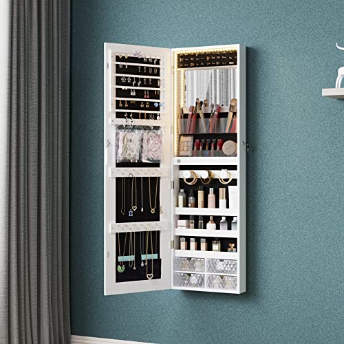 HNEBC 47.2''H Jewelry Organizer Wall Mounted with 3 Colors LED, Jewelry Cabinet Armoire with Door Mirror, Door Hanging Full Length Mirror with Storage, Built-in Vanity Mirror&Large Capacity (White)