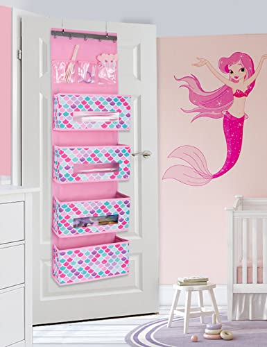WERNNSAI Mermaid Door Hanging Organizer - Over Door Storage with 4 Large Pockets 3 Clear Small Pockets for Girl 49” x 14” x 5” Baby Storage Toys Towels Sundries for Children Room Bedroom Kitchen