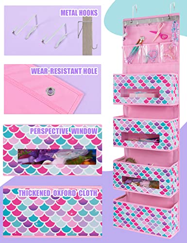 WERNNSAI Mermaid Door Hanging Organizer - Over Door Storage with 4 Large Pockets 3 Clear Small Pockets for Girl 49” x 14” x 5” Baby Storage Toys Towels Sundries for Children Room Bedroom Kitchen