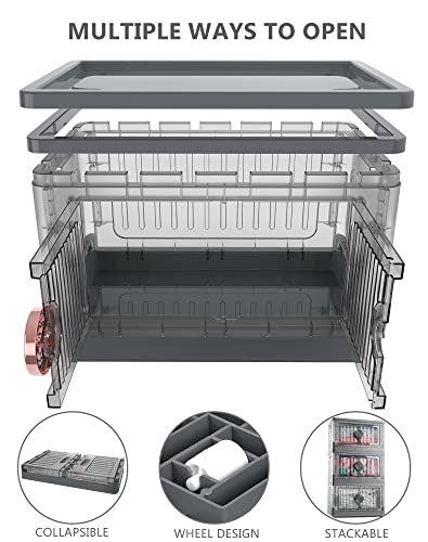 richang Closet Organizers and Storage Shelves, Trunk Organizer, Dorm Room Essentials,Folding Storage Box, Stackable Toy Storage Bins, Storage Box with Door and Wheels, Rotate-to-lock, 3-Pack,35L,Grey