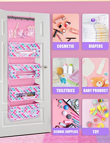 WERNNSAI Mermaid Door Hanging Organizer - Over Door Storage with 4 Large Pockets 3 Clear Small Pockets for Girl 49” x 14” x 5” Baby Storage Toys Towels Sundries for Children Room Bedroom Kitchen