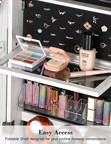 Nicetree 360° Swivel Jewelry Cabinet with Lights, Touch Screen Vanity Mirror, Rotatable Full Length Mirror with Jewelry Storage, Standing Jewelry Armoire Organizer, Foldable Makeup Shelf, White