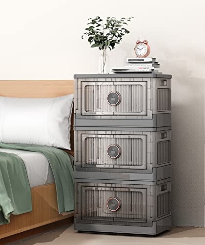 richang Closet Organizers and Storage Shelves, Trunk Organizer, Dorm Room Essentials,Folding Storage Box, Stackable Toy Storage Bins, Storage Box with Door and Wheels, Rotate-to-lock, 3-Pack,35L,Grey