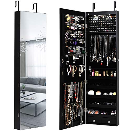 Giantex Wall Door Mounted Jewelry Armoire Cabinet with 47.5" H Full Length Mirror, 2 LEDs Lockable Jewelry Organizer Box with Bracelet Rod, 2 Drawers, Large Storage Capacity (Black)