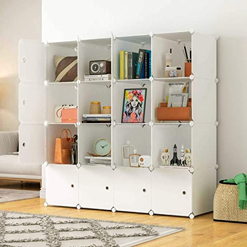 MAGINELS Large Cube Storage Organizer with Doors -14"x18" Depth 16 Cube Organizer Shelves Clothes Dresser Closet Organizer Storage Cabinet Shelving Bookshelf, White