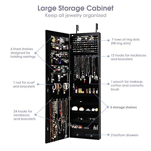 Giantex Wall Door Mounted Jewelry Armoire Cabinet with 47.5" H Full Length Mirror, 2 LEDs Lockable Jewelry Organizer Box with Bracelet Rod, 2 Drawers, Large Storage Capacity (Black)