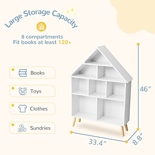 Curipeer Kids Dollhouse Bookshelf and Toy Organizer, Wooden Stand Dollhouse Bookcase, 4-Tier Baby Storage Display Organizer with Legs, Children Bookshelf for Playing Room, Nursery, White