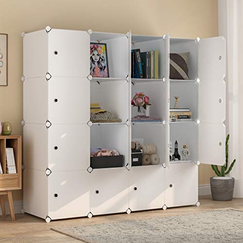 MAGINELS Large Cube Storage Organizer with Doors -14"x18" Depth 16 Cube Organizer Shelves Clothes Dresser Closet Organizer Storage Cabinet Shelving Bookshelf, White