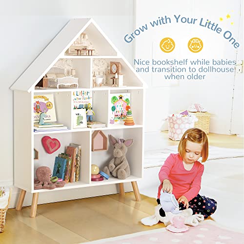 Curipeer Kids Dollhouse Bookshelf and Toy Organizer, Wooden Stand Dollhouse Bookcase, 4-Tier Baby Storage Display Organizer with Legs, Children Bookshelf for Playing Room, Nursery, White