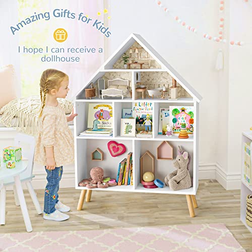 Curipeer Kids Dollhouse Bookshelf and Toy Organizer, Wooden Stand Dollhouse Bookcase, 4-Tier Baby Storage Display Organizer with Legs, Children Bookshelf for Playing Room, Nursery, White