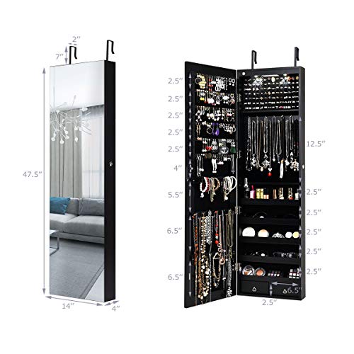 Giantex Wall Door Mounted Jewelry Armoire Cabinet with 47.5" H Full Length Mirror, 2 LEDs Lockable Jewelry Organizer Box with Bracelet Rod, 2 Drawers, Large Storage Capacity (Black)