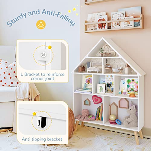 Curipeer Kids Dollhouse Bookshelf and Toy Organizer, Wooden Stand Dollhouse Bookcase, 4-Tier Baby Storage Display Organizer with Legs, Children Bookshelf for Playing Room, Nursery, White