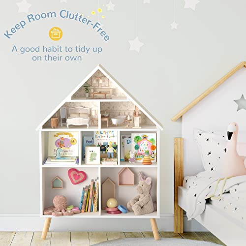 Curipeer Kids Dollhouse Bookshelf and Toy Organizer, Wooden Stand Dollhouse Bookcase, 4-Tier Baby Storage Display Organizer with Legs, Children Bookshelf for Playing Room, Nursery, White