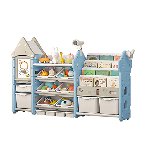 UNICOO - Kids Toy Storage Organizer and Children Bookshelf, with 14 Bins, Pull-Out Drawers Multipurpose Shelf for Toddlers to Organize Toys and Books (Magic Castle – Blue)
