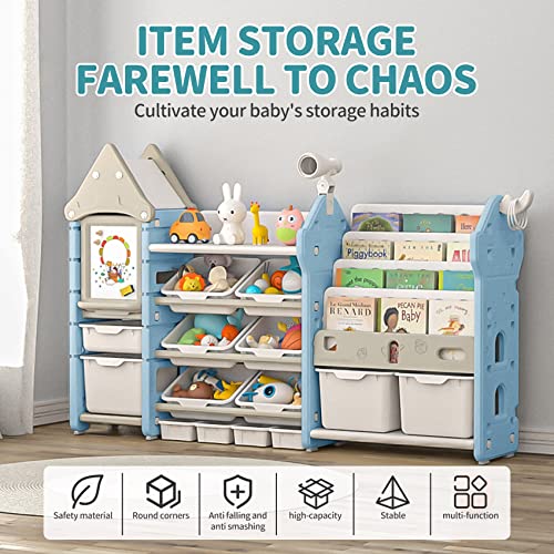 UNICOO - Kids Toy Storage Organizer and Children Bookshelf, with 14 Bins, Pull-Out Drawers Multipurpose Shelf for Toddlers to Organize Toys and Books (Magic Castle – Blue)