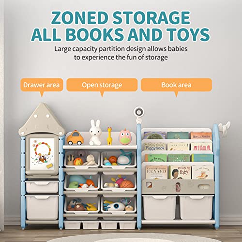 UNICOO - Kids Toy Storage Organizer and Children Bookshelf, with 14 Bins, Pull-Out Drawers Multipurpose Shelf for Toddlers to Organize Toys and Books (Magic Castle – Blue)