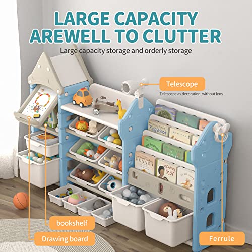 UNICOO - Kids Toy Storage Organizer and Children Bookshelf, with 14 Bins, Pull-Out Drawers Multipurpose Shelf for Toddlers to Organize Toys and Books (Magic Castle – Blue)