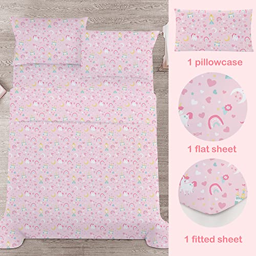Viviland Kids Twin Sheet Set - Girls Blush Pink Twin Sheet Set - Kids Toddlers Twin Microfiber Fitted Sheets - Girls Sheet Unicorn Princess Rainbow Printed