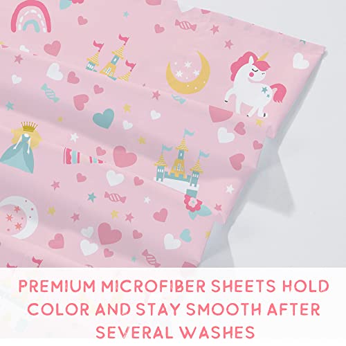 Viviland Kids Twin Sheet Set - Girls Blush Pink Twin Sheet Set - Kids Toddlers Twin Microfiber Fitted Sheets - Girls Sheet Unicorn Princess Rainbow Printed