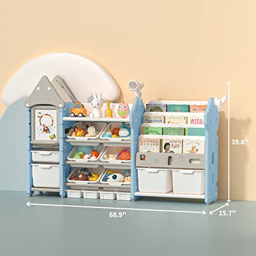 UNICOO - Kids Toy Storage Organizer and Children Bookshelf, with 14 Bins, Pull-Out Drawers Multipurpose Shelf for Toddlers to Organize Toys and Books (Magic Castle – Blue)