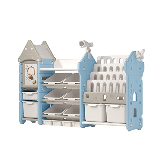 UNICOO - Kids Toy Storage Organizer and Children Bookshelf, with 14 Bins, Pull-Out Drawers Multipurpose Shelf for Toddlers to Organize Toys and Books (Magic Castle – Blue)