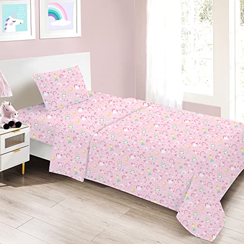Viviland Kids Twin Sheet Set - Girls Blush Pink Twin Sheet Set - Kids Toddlers Twin Microfiber Fitted Sheets - Girls Sheet Unicorn Princess Rainbow Printed
