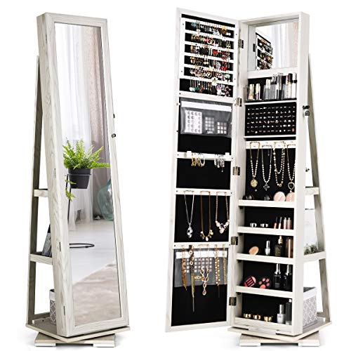 CHARMAID 360° Rotating Jewelry Armoire with Higher Full Length Mirror, Standing Lockable Jewelry Cabinet Organizer, Large Storage Capacity, Inside Makeup Mirror, Rear Storage Shelves (Grayish White)