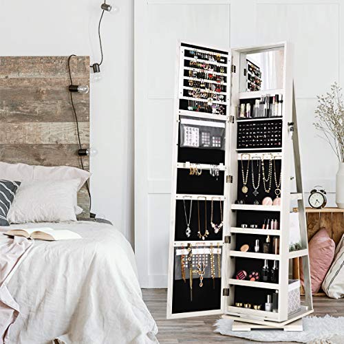 CHARMAID 360° Rotating Jewelry Armoire with Higher Full Length Mirror, Standing Lockable Jewelry Cabinet Organizer, Large Storage Capacity, Inside Makeup Mirror, Rear Storage Shelves (Grayish White)