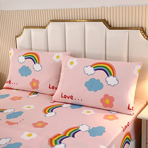 SDY 4PCS Rainbow Bedding Sheet Set,Twin Size Cute Pink Unicorn Sheets Set Included 1 Deep Pocket Fitted Sheet+1 Top Flat Sheet+2 Pillowcases for Kids Girls Toddler