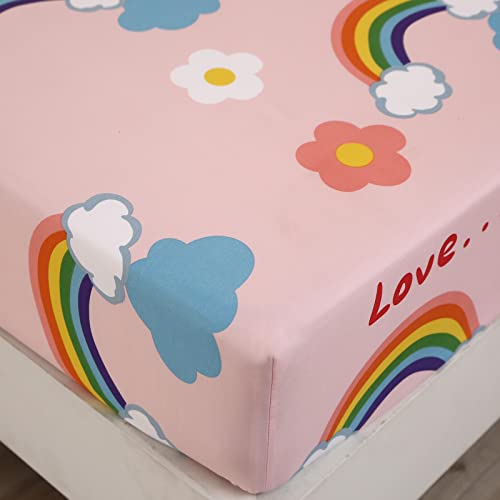 SDY 4PCS Rainbow Bedding Sheet Set,Twin Size Cute Pink Unicorn Sheets Set Included 1 Deep Pocket Fitted Sheet+1 Top Flat Sheet+2 Pillowcases for Kids Girls Toddler