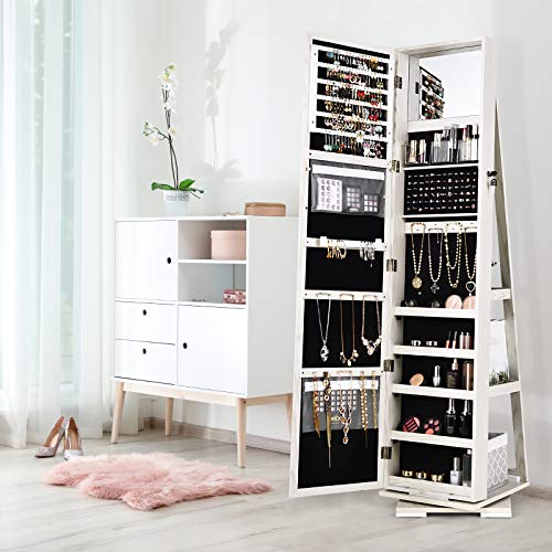 CHARMAID 360° Rotating Jewelry Armoire with Higher Full Length Mirror, Standing Lockable Jewelry Cabinet Organizer, Large Storage Capacity, Inside Makeup Mirror, Rear Storage Shelves (Grayish White)