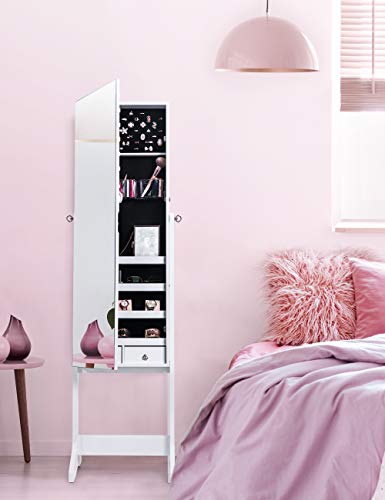 Nicetree Jewelry Cabinet with Full-Length Mirror, Standing Lockable Jewelry Armoire Mirror Organizer, 3 Angel Adjustable, White
