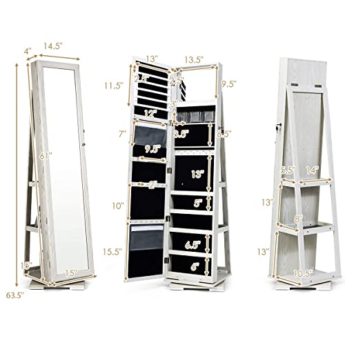 CHARMAID 360° Rotating Jewelry Armoire with Higher Full Length Mirror, Standing Lockable Jewelry Cabinet Organizer, Large Storage Capacity, Inside Makeup Mirror, Rear Storage Shelves (Grayish White)