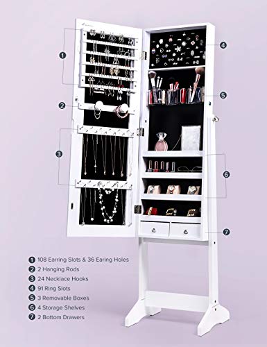 Nicetree Jewelry Cabinet with Full-Length Mirror, Standing Lockable Jewelry Armoire Mirror Organizer, 3 Angel Adjustable, White