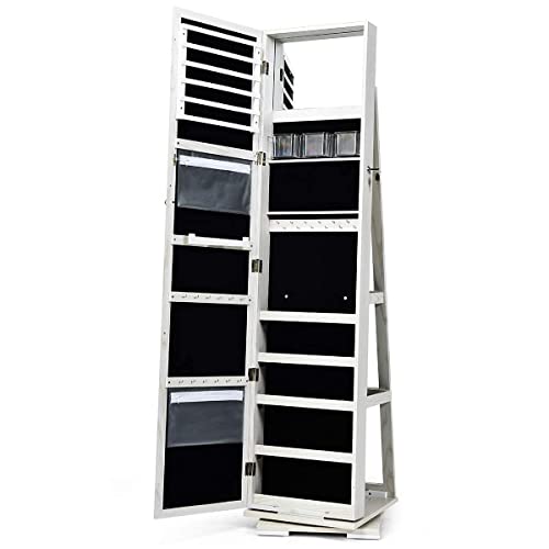 CHARMAID 360° Rotating Jewelry Armoire with Higher Full Length Mirror, Standing Lockable Jewelry Cabinet Organizer, Large Storage Capacity, Inside Makeup Mirror, Rear Storage Shelves (Grayish White)