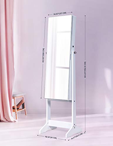 Nicetree Jewelry Cabinet with Full-Length Mirror, Standing Lockable Jewelry Armoire Mirror Organizer, 3 Angel Adjustable, White