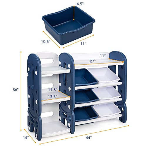 Costzon Kids Bookshelf with Toy Organizers and Storage, Multi-Purpose 4-Tier Toy Shelf, 6 Removable Plastic Bins to Organize Books Toys, Toddler Bookcase for Playroom, Bedroom, Daycare, Nursery (Blue)