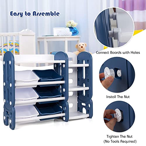Costzon Kids Bookshelf with Toy Organizers and Storage, Multi-Purpose 4-Tier Toy Shelf, 6 Removable Plastic Bins to Organize Books Toys, Toddler Bookcase for Playroom, Bedroom, Daycare, Nursery (Blue)